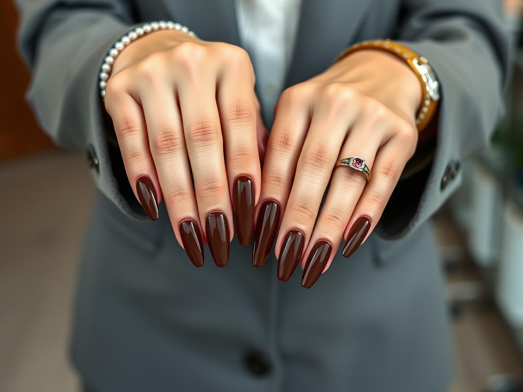 Model with elegant brown acrylic nails in a professional setting
