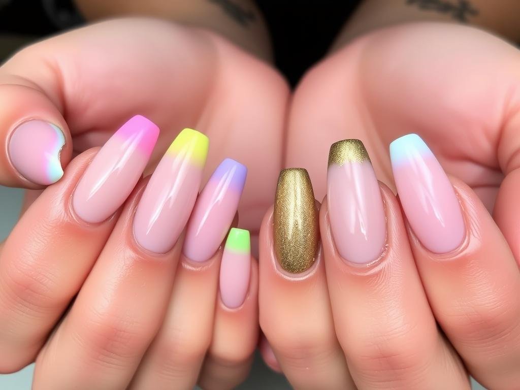 Modern French tip acrylic nails with colorful and metallic tips