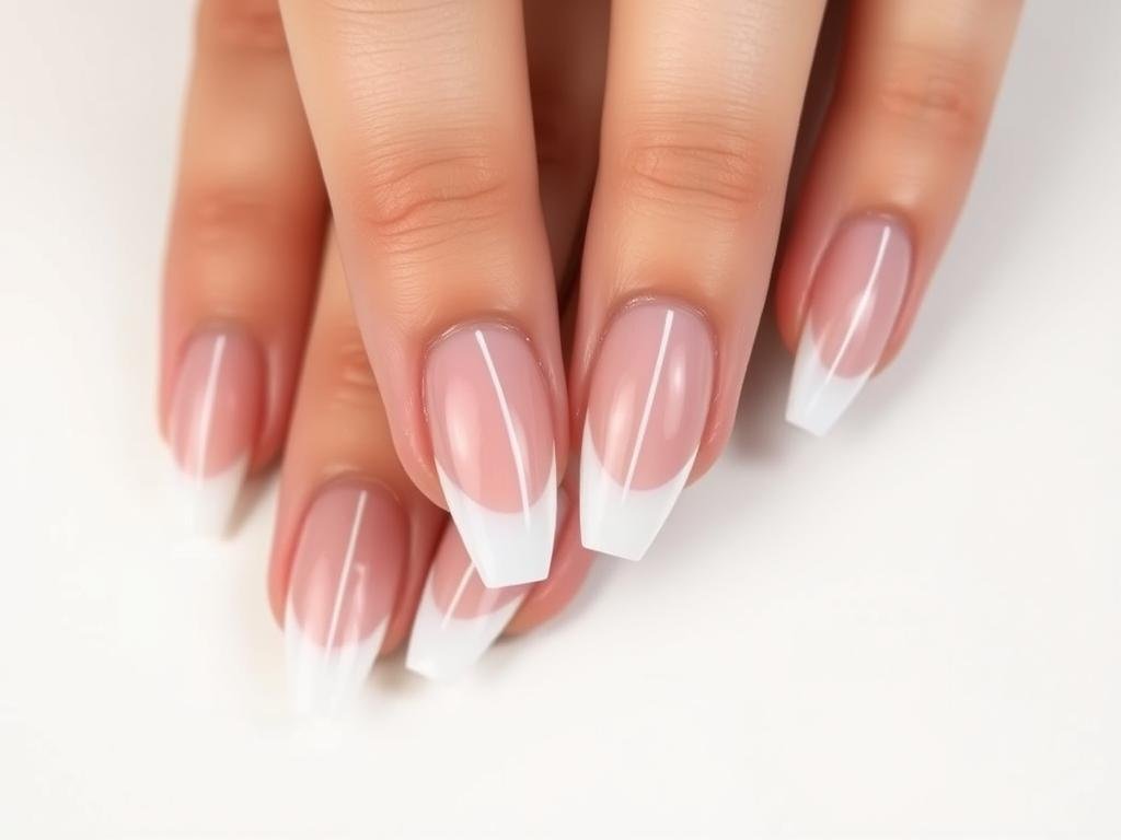 Modern French tip acrylic nails with thin white lines and almond shape