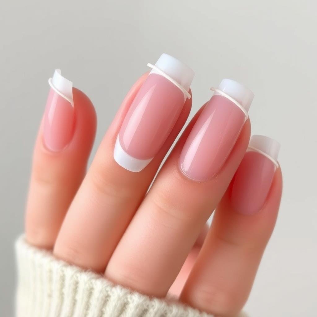 Modern French tip natural acrylic nails with thin white line