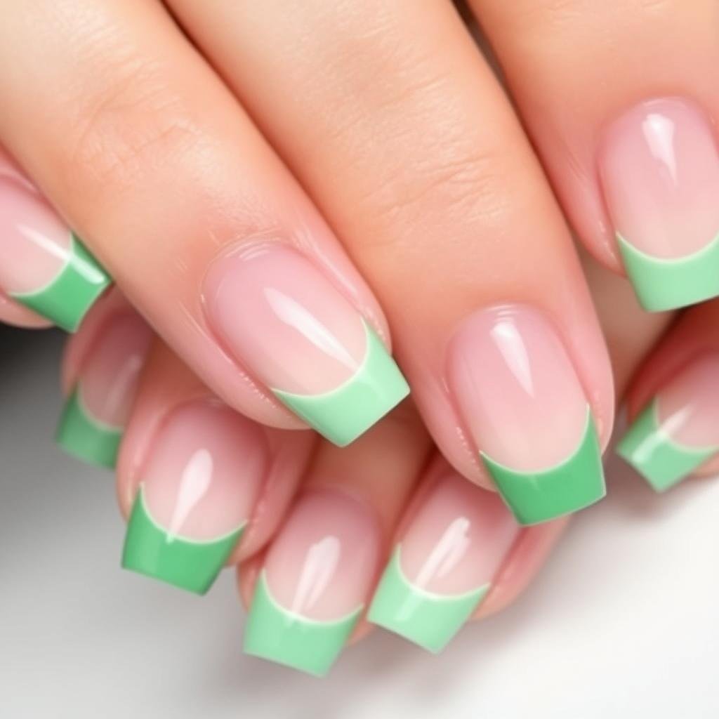 Modern green French tip acrylic nails on a natural base