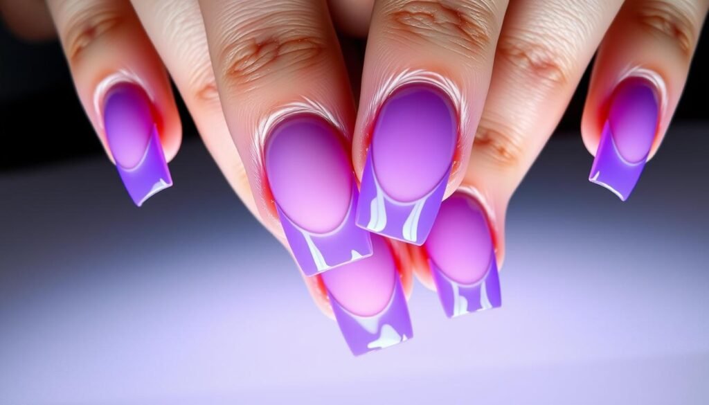 Modern purple French tip acrylic nails with various tip designs