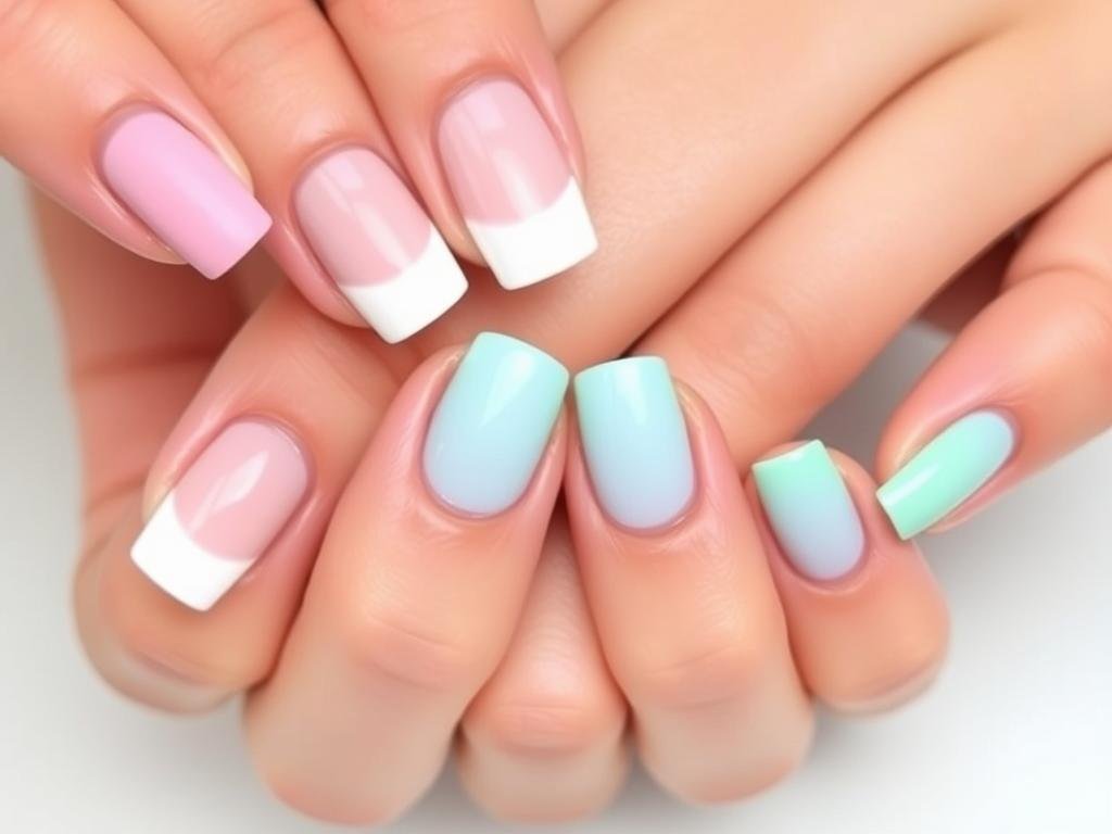 Modern twist on classic french tip acrylic nails with design featuring colored tips