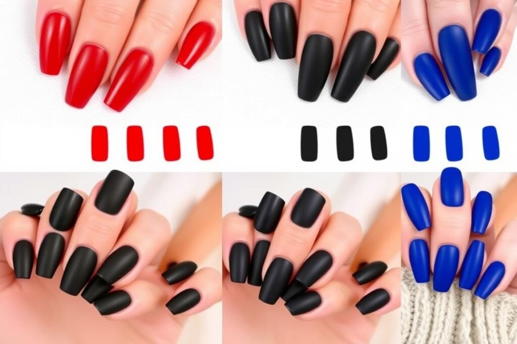 Monochromatic acrylic nails in red, black, and blue variations