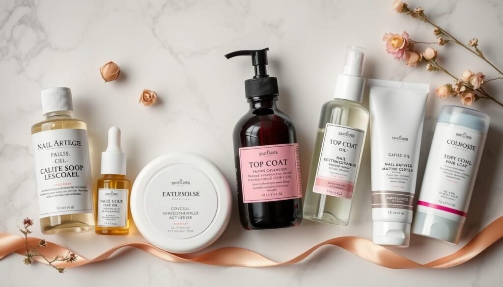 Nail aftercare products for maintaining prom acrylic nails including cuticle oil, top coat, and gentle soap