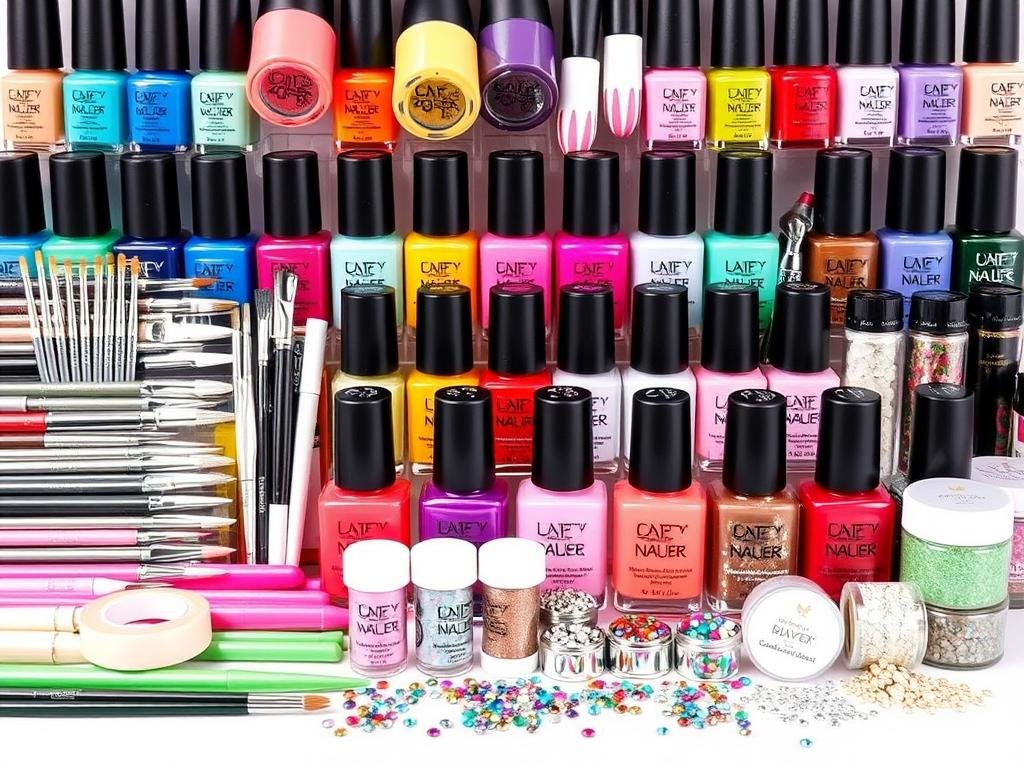 Nail art supplies and polish collection for decorating short square acrylic nails