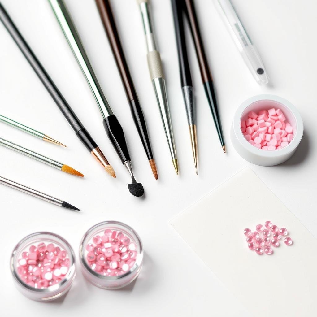 Nail art tools for creating designs on pink acrylic nails