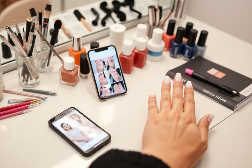 Nail salon preparation for prom acrylic nails with inspiration photos and nail care products