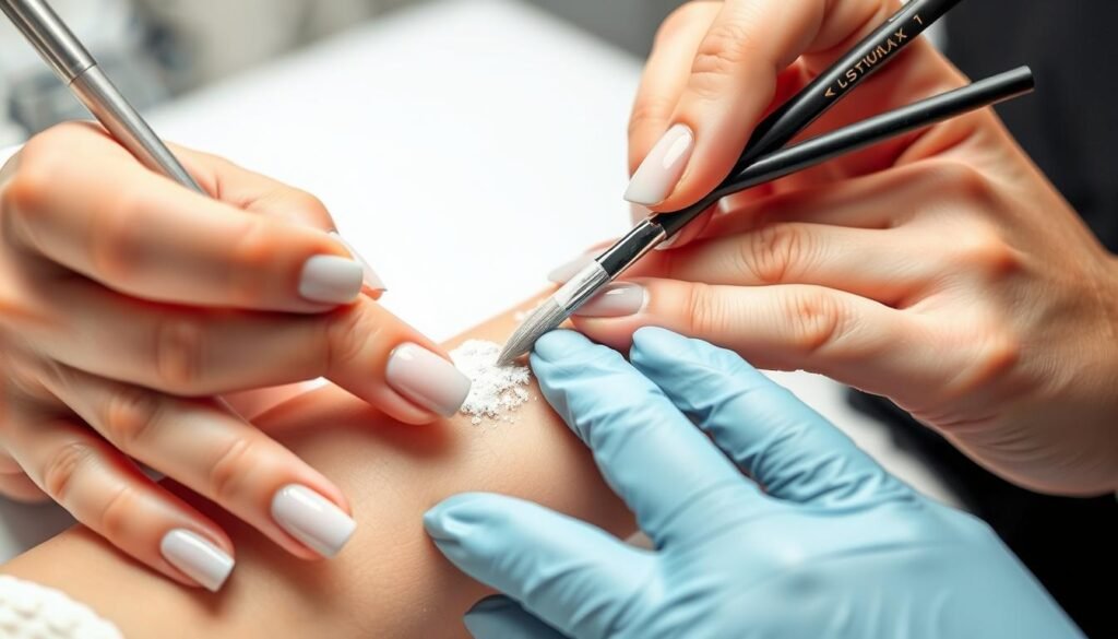 Nail technician applying acrylic to create natural-looking nails