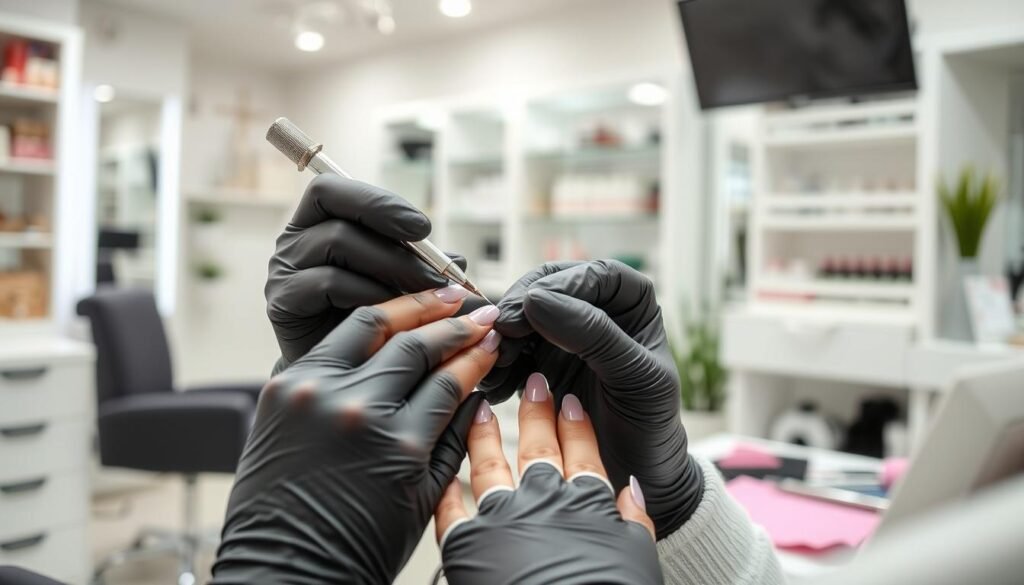 Nail technician applying french tip to square acrylic nails in salon
