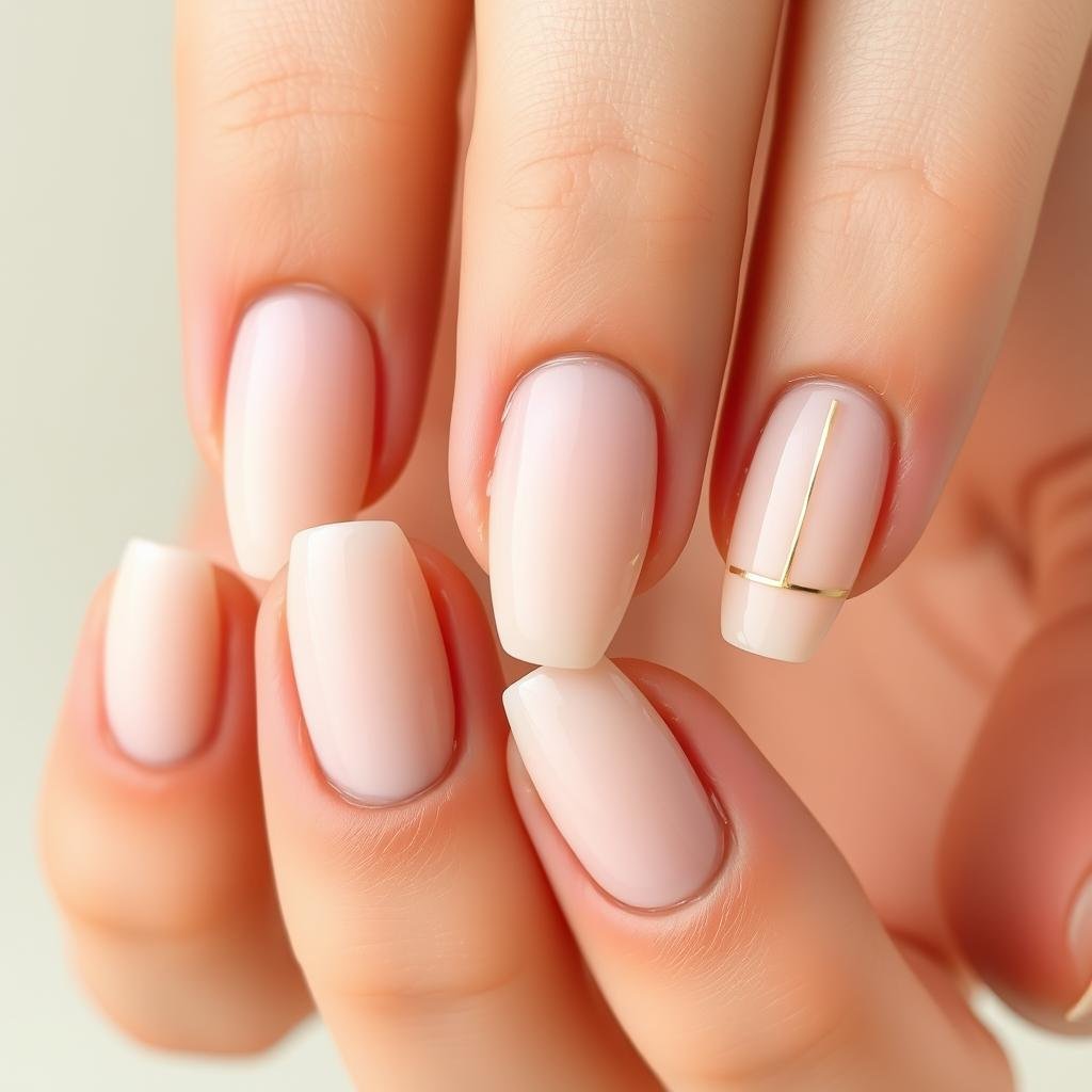 Natural acrylic nails with single accent nail featuring minimal gold line art