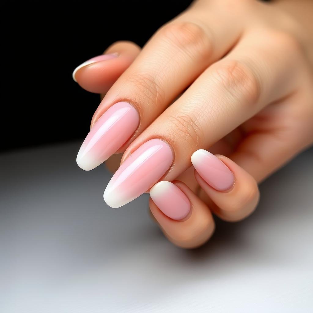 Natural acrylic nails with subtle pink to white ombre effect