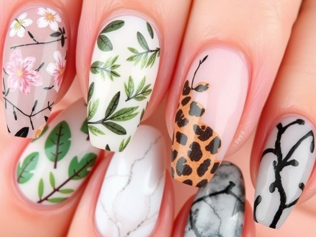 Nature-inspired acrylic nails with floral, leaf, and animal print designs