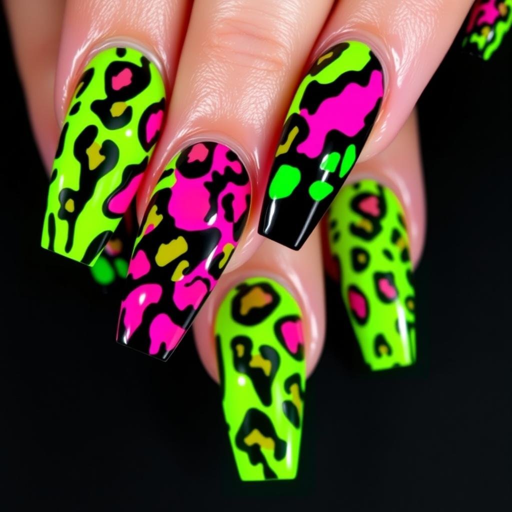 Neon leopard print acrylic nails with black background
