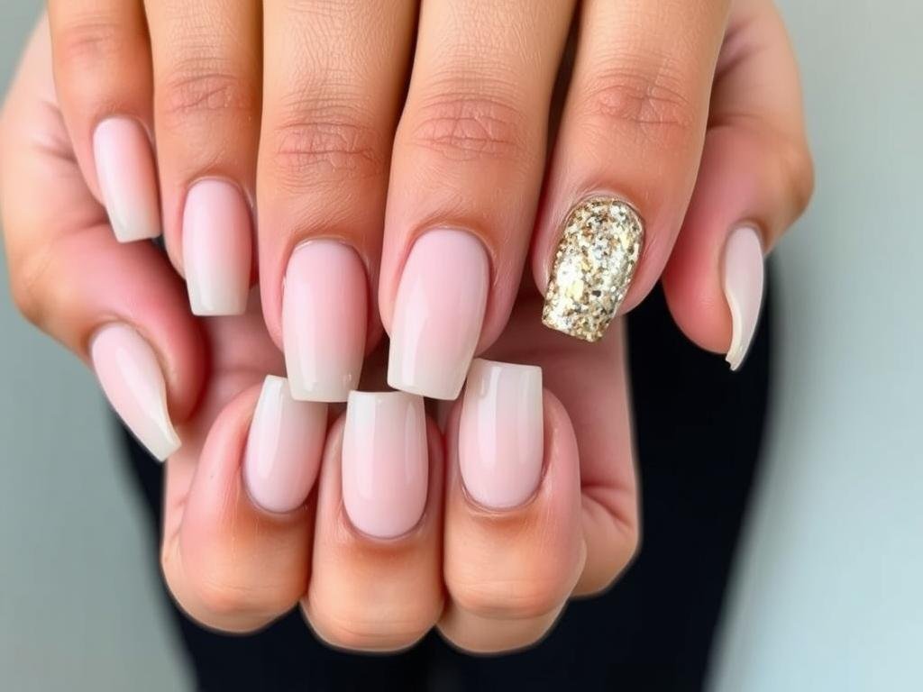 Nude acrylic nails with accent glitter nails