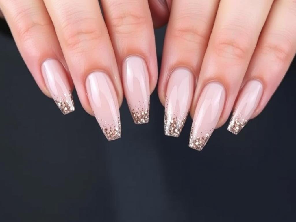 Nude acrylic nails with glitter gradient