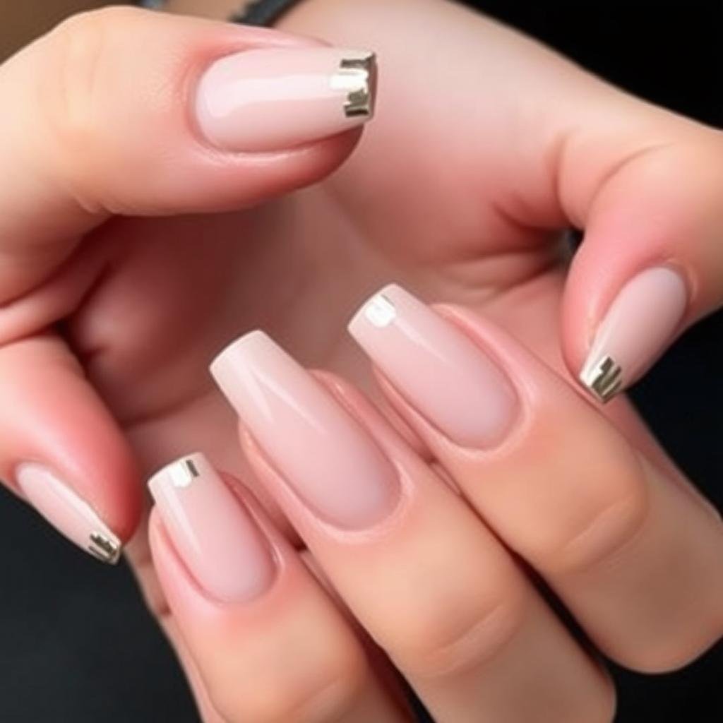 Nude acrylic nails with metallic foil accents