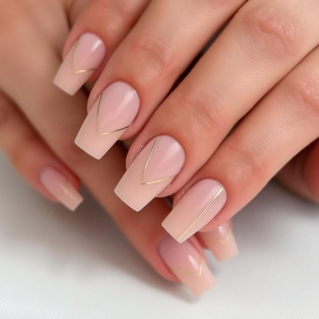 Nude acrylic nails with thin gold lines
