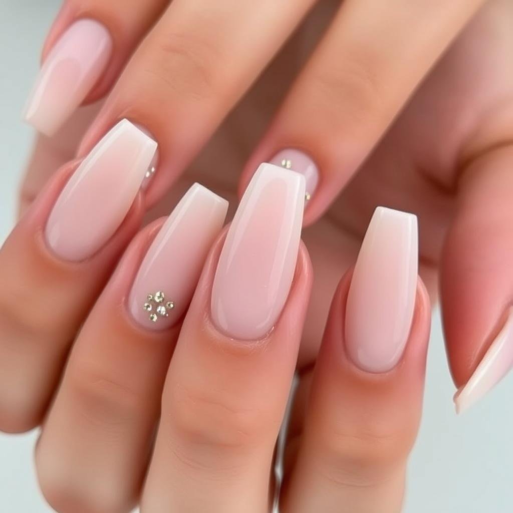 Nude acrylic nails with tiny rhinestones