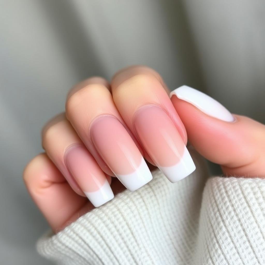 Nude to white ombre acrylic nails in elegant gradient