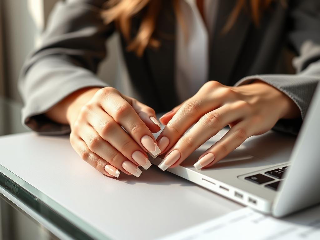 Office-appropriate classy acrylic nails in neutral tones with minimal design