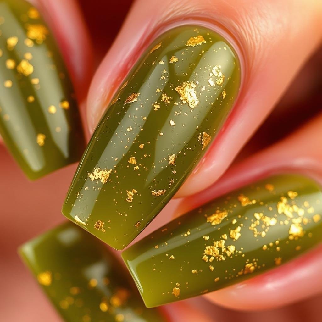 Olive green acrylic nails with gold flake accents on coffin-shaped nails