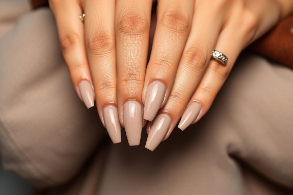 Olive-toned hands with taupe nude acrylic nails