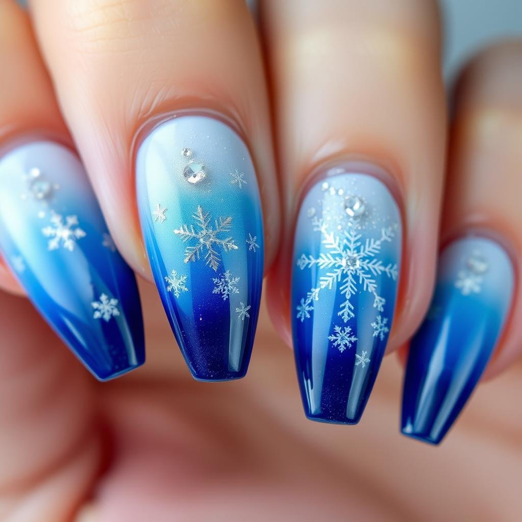 Ombre blue bling acrylic nails with snowflake rhinestone pattern