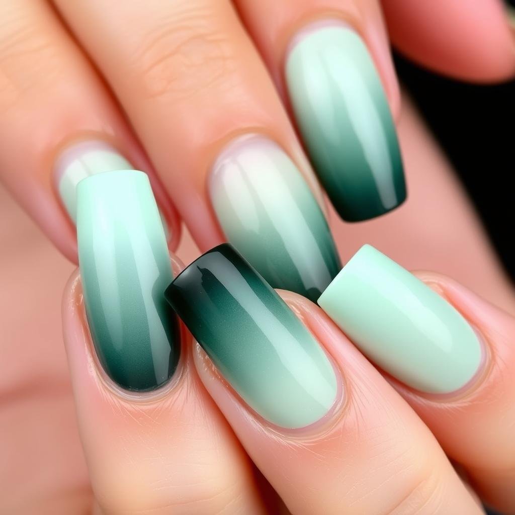 Ombre gradient effect from dark to light green on acrylic nails