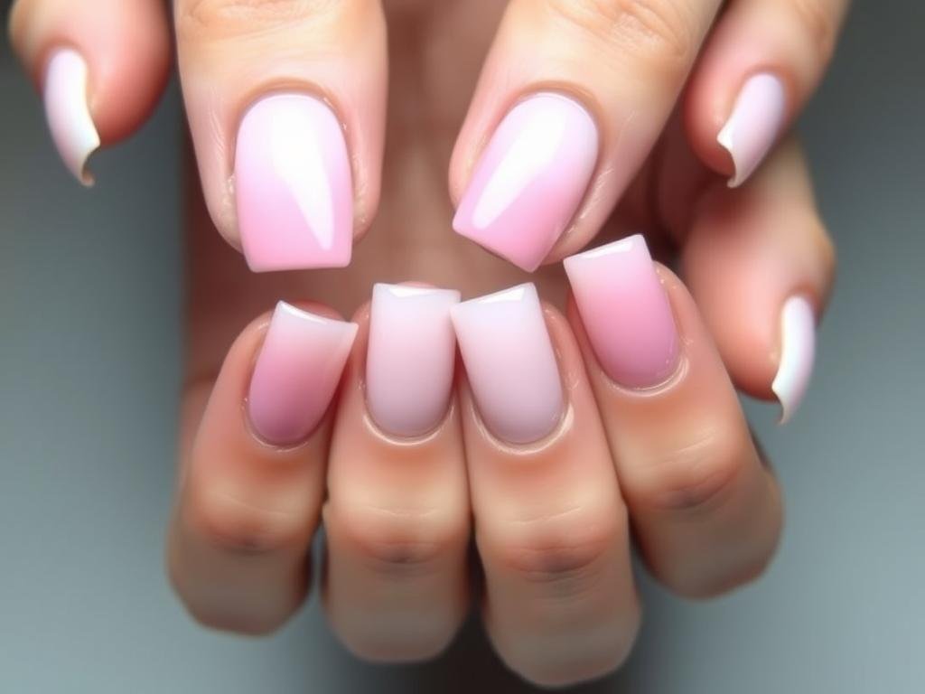 Ombre medium square acrylic nails in pink to white gradient