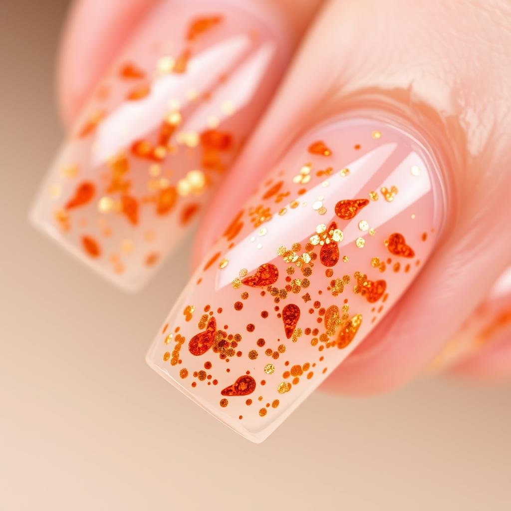 Orange acrylic nails with encapsulated glitter