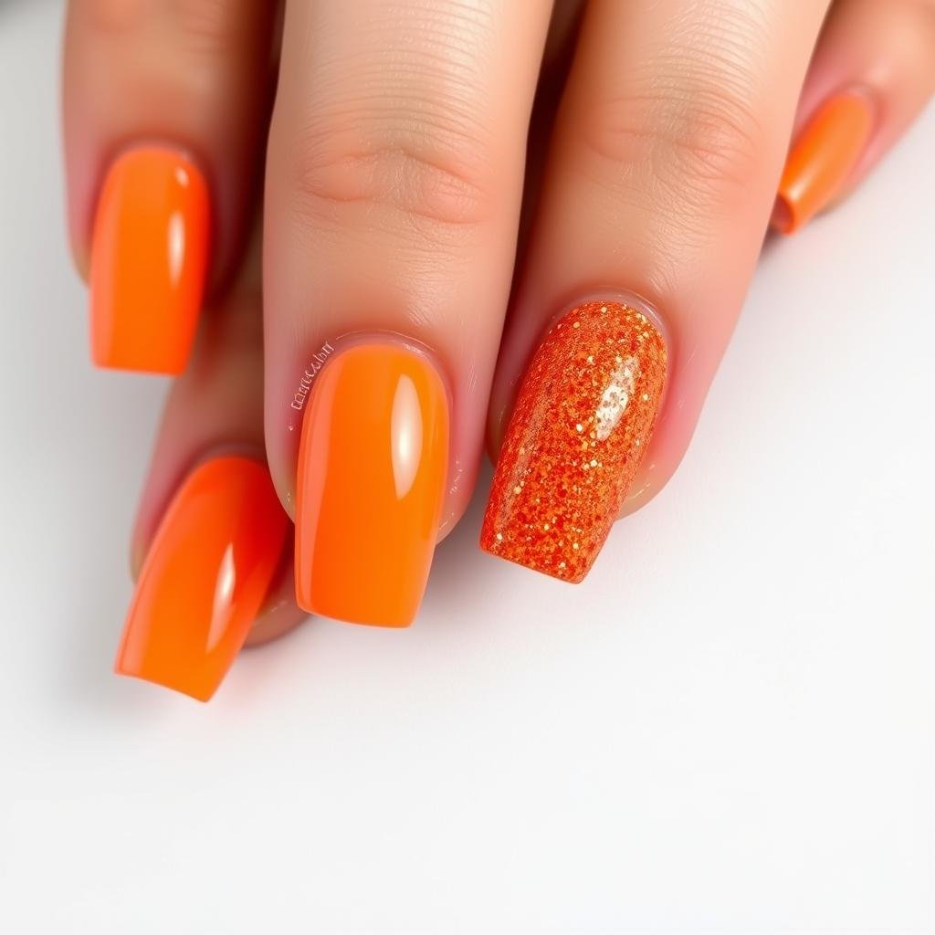 Orange acrylic nails with glitter accent