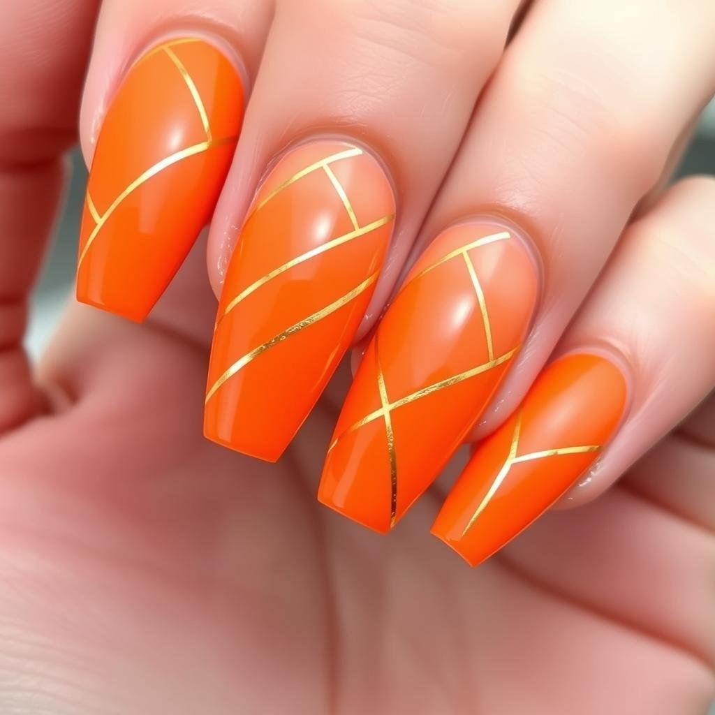 Orange acrylic nails with thin gold striping