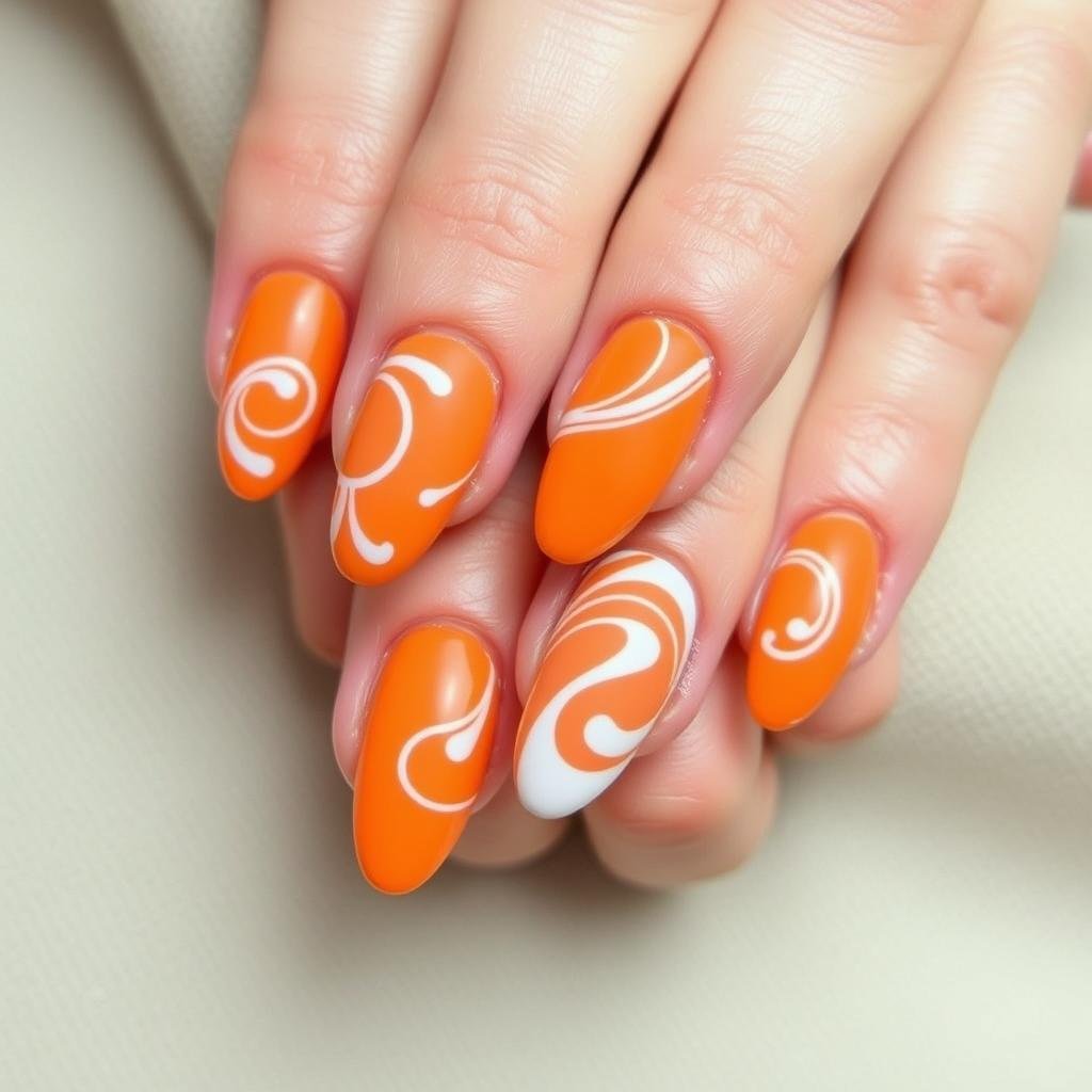 Orange acrylic nails with white swirl design