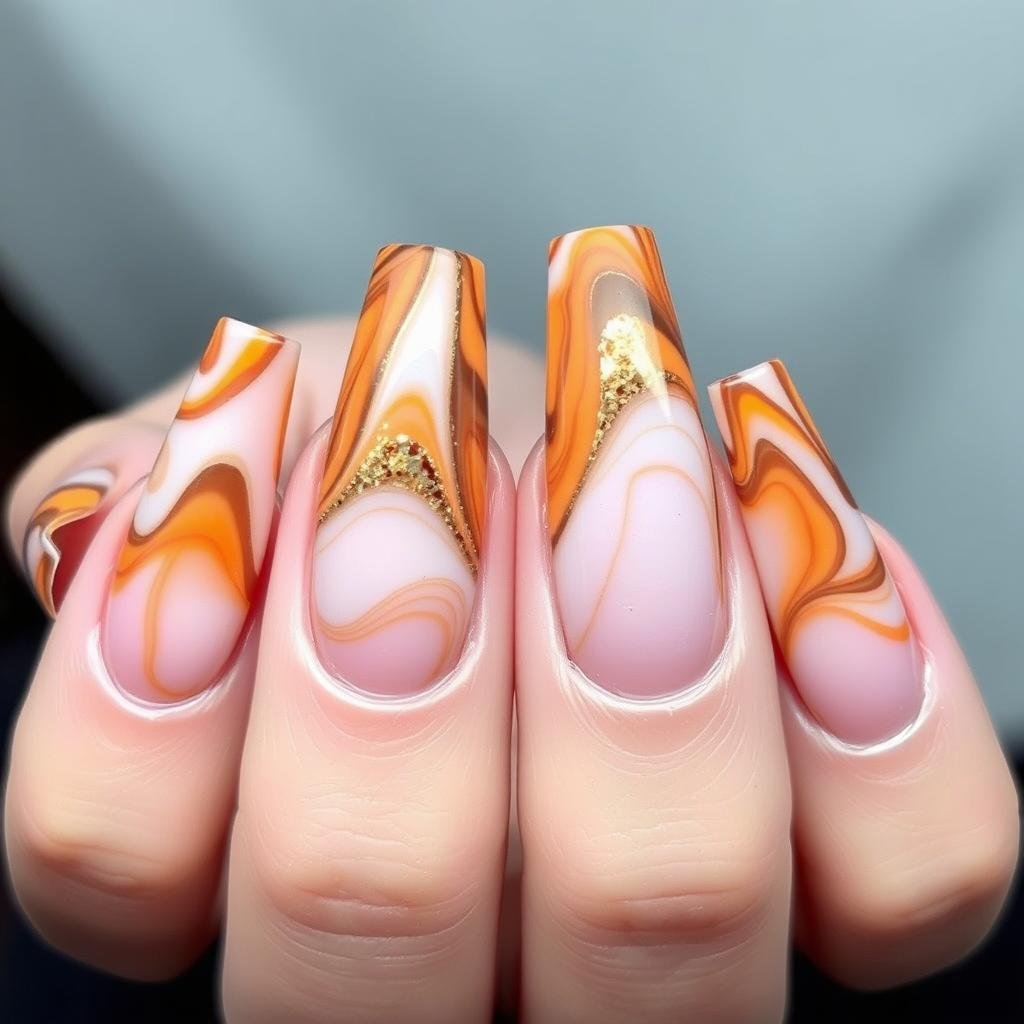 Orange and brown marble acrylic nails