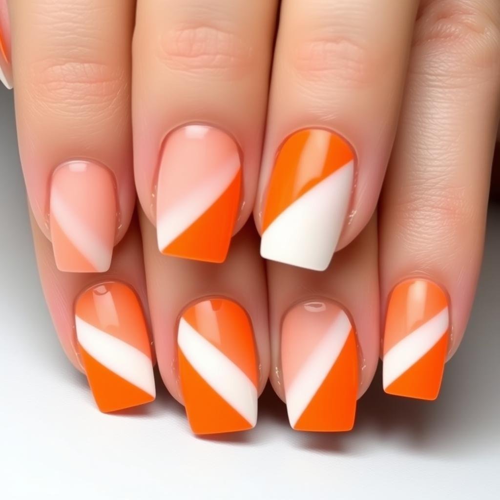 Orange and white color block acrylic nails