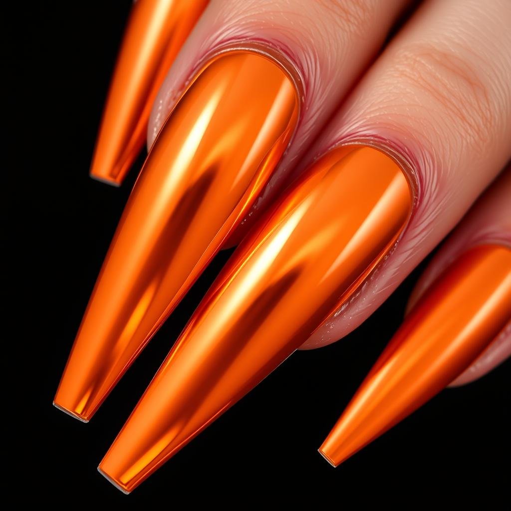 Orange chrome acrylic nails with mirror finish