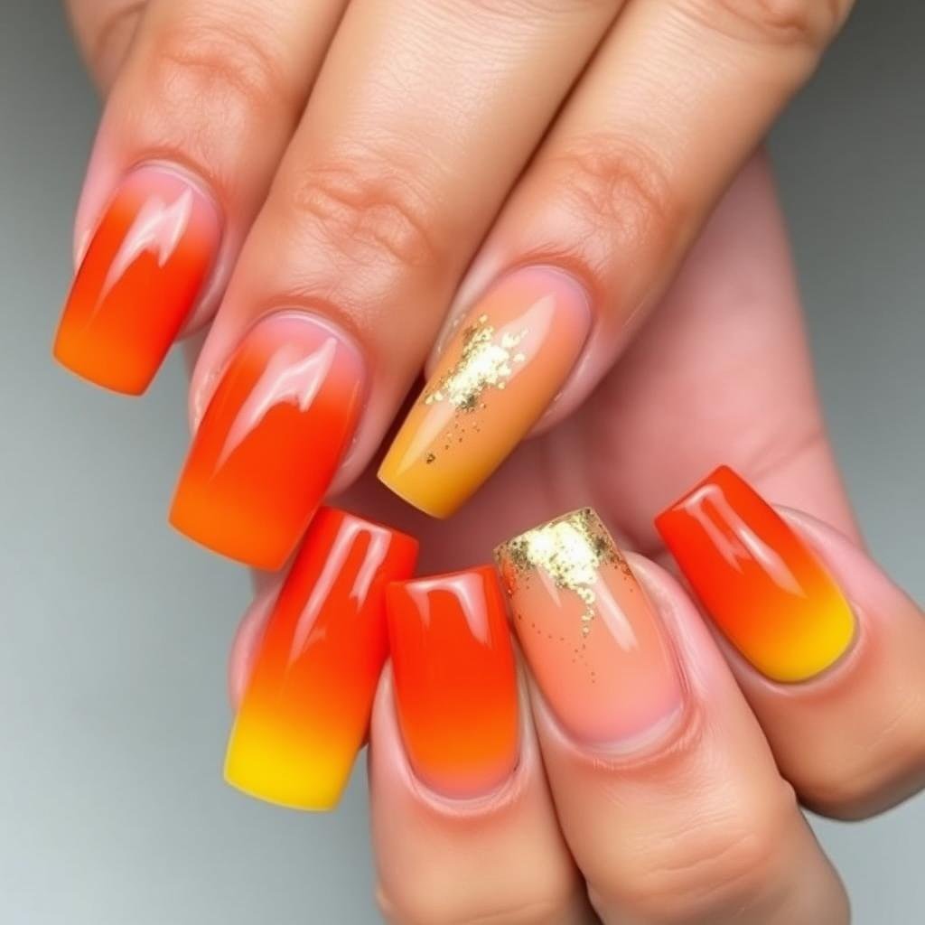 Orange sunset ombre acrylic nails with gold foil accents