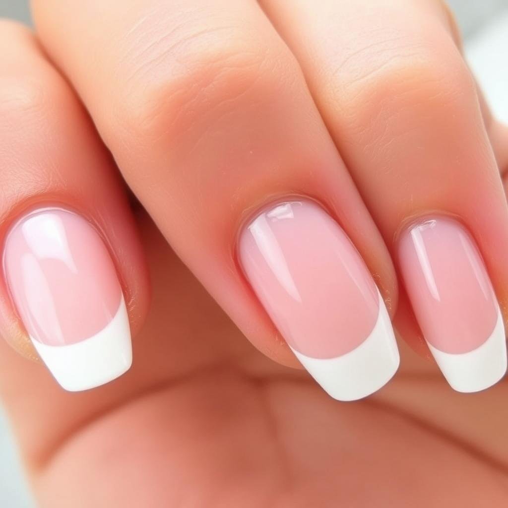Oval shaped french tip acrylic nails with thin white tips