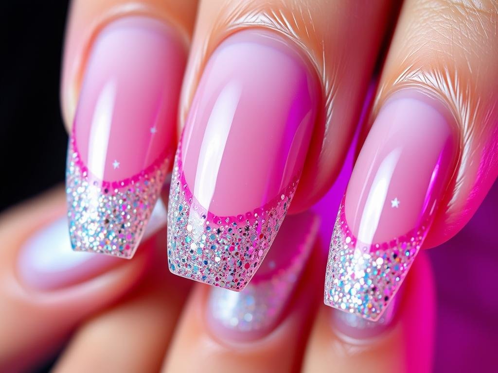 Party french tip acrylic nails with design featuring bold elements