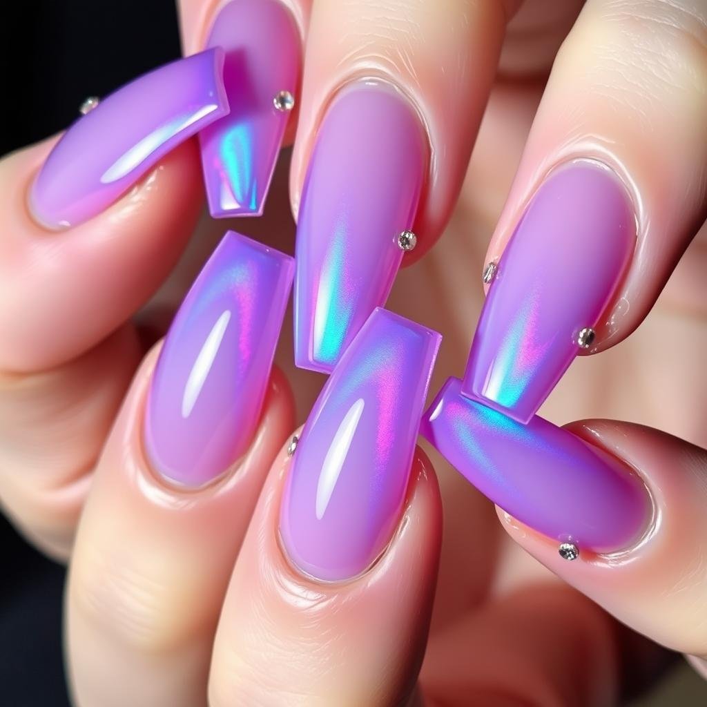 Party-ready purple acrylic nails with holographic effect