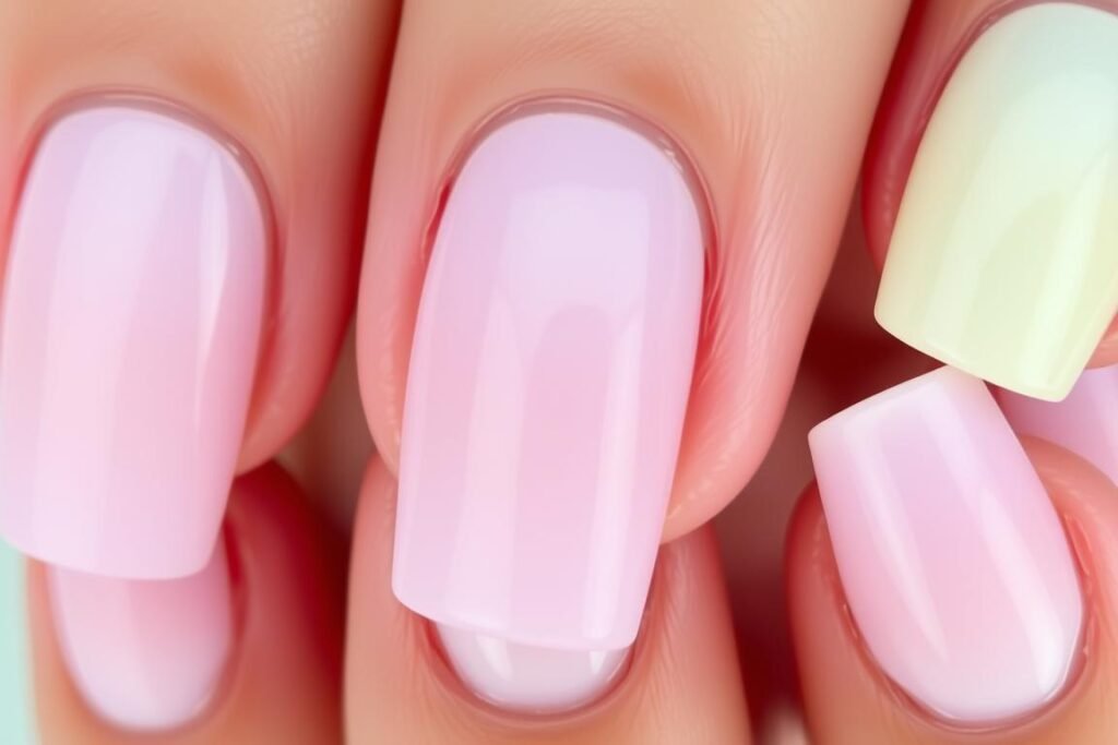 Pastel acrylic nails in soft pink, lavender, mint, and yellow tones