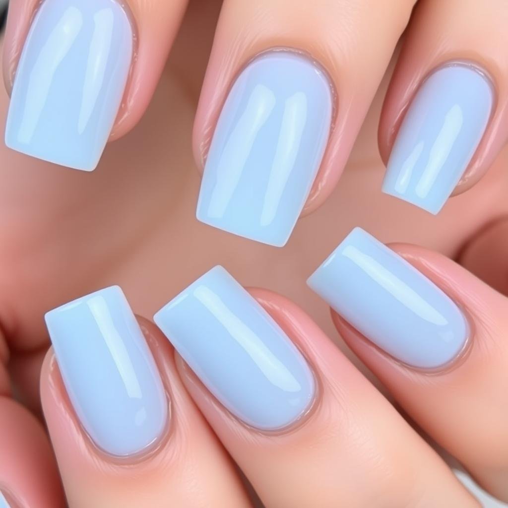 Pastel blue square acrylic nails with subtle shimmer
