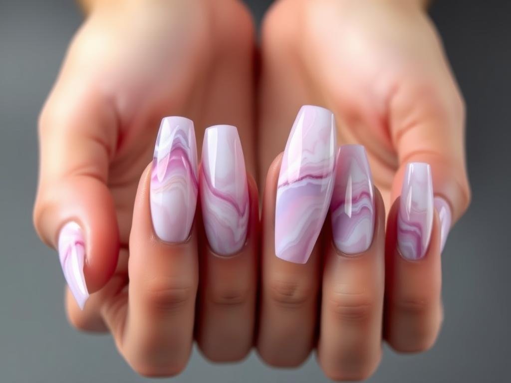 Pastel marble effect spring acrylic nails in pink and lavender tones