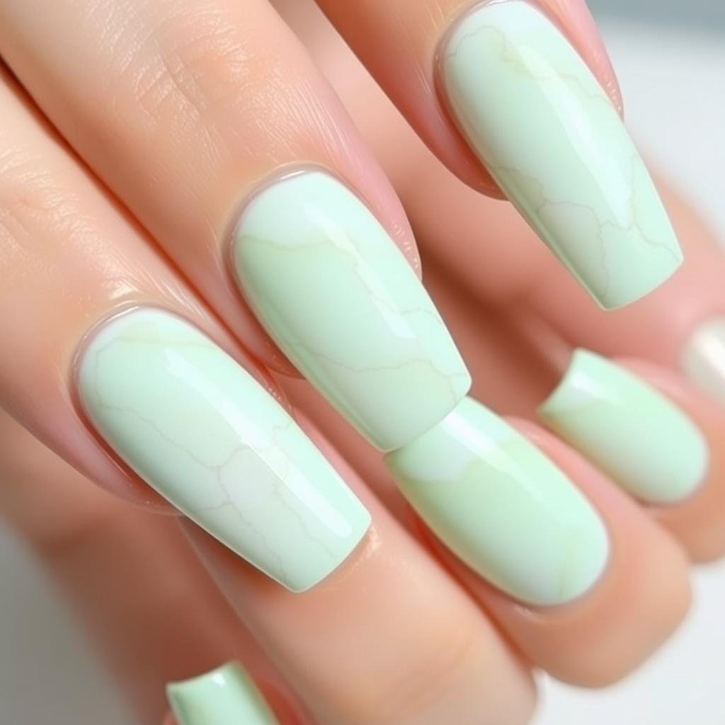 Pastel mint green acrylic nails with white marble effect