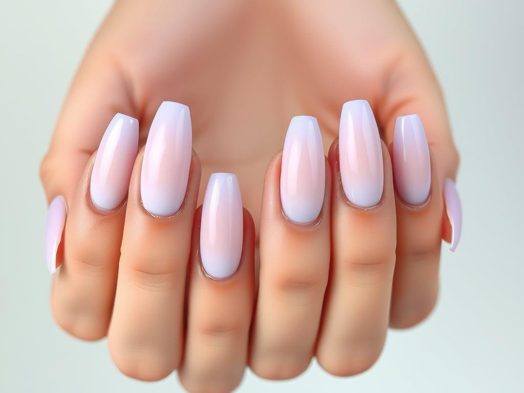 Pastel ombré spring acrylic nails transitioning from pink to lavender