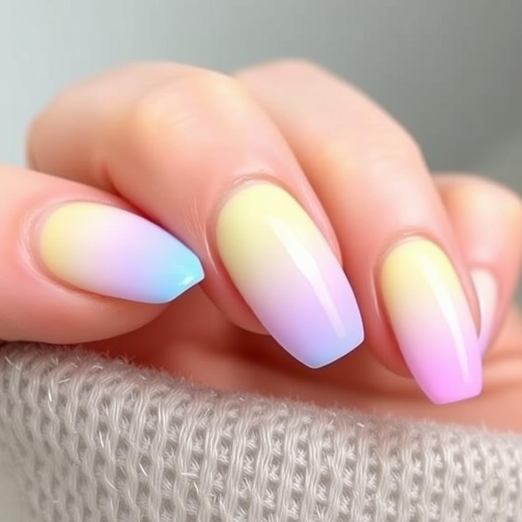 Pastel rainbow ombre acrylic nails with soft multicolor gradient