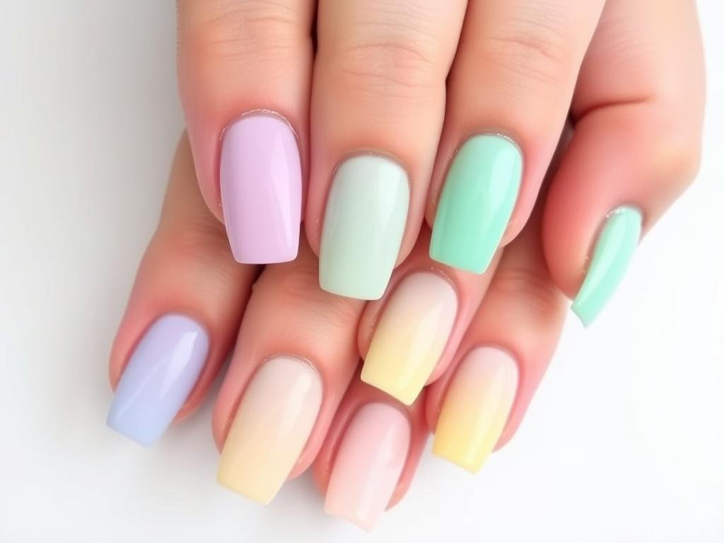 Pastel skittles spring acrylic nails with a different color on each finger