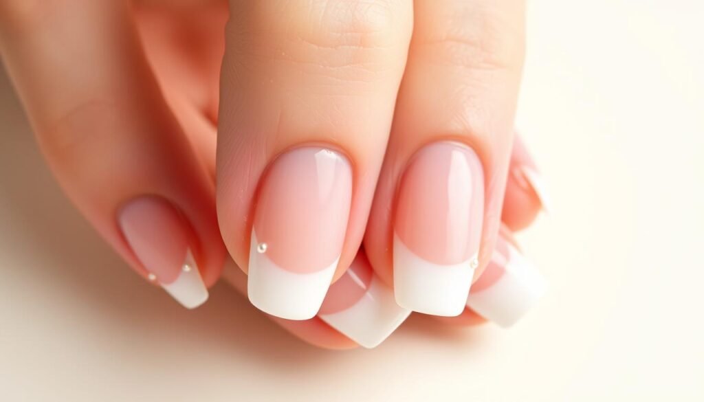 Pearl embellished french tip acrylic nails with elegant design