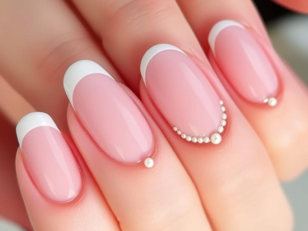 Pearl french tip acrylic nails with design